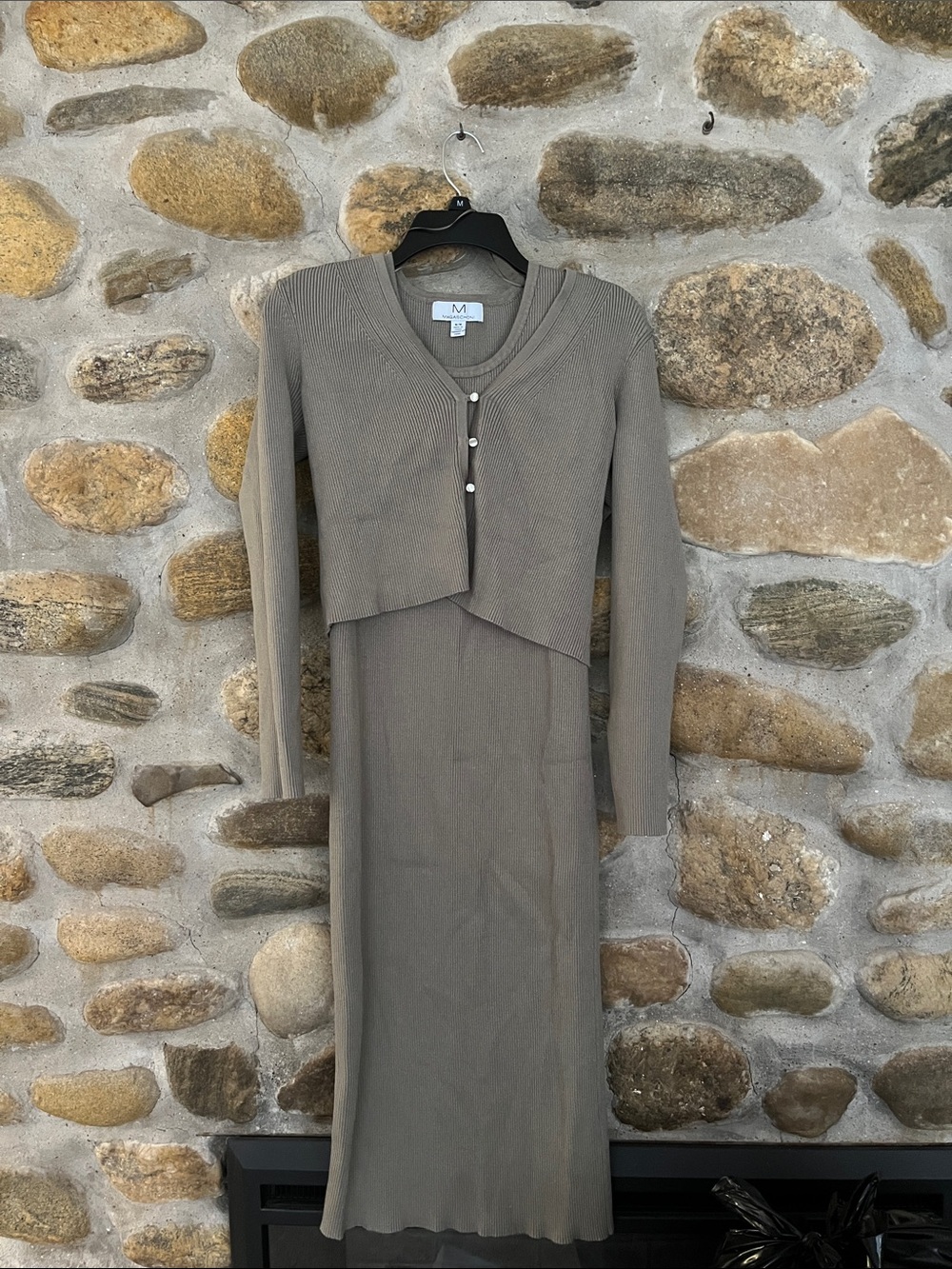 Magaschoni Taupe Two-Piece Knit Long Sleeve Dress with Cropped Bolero